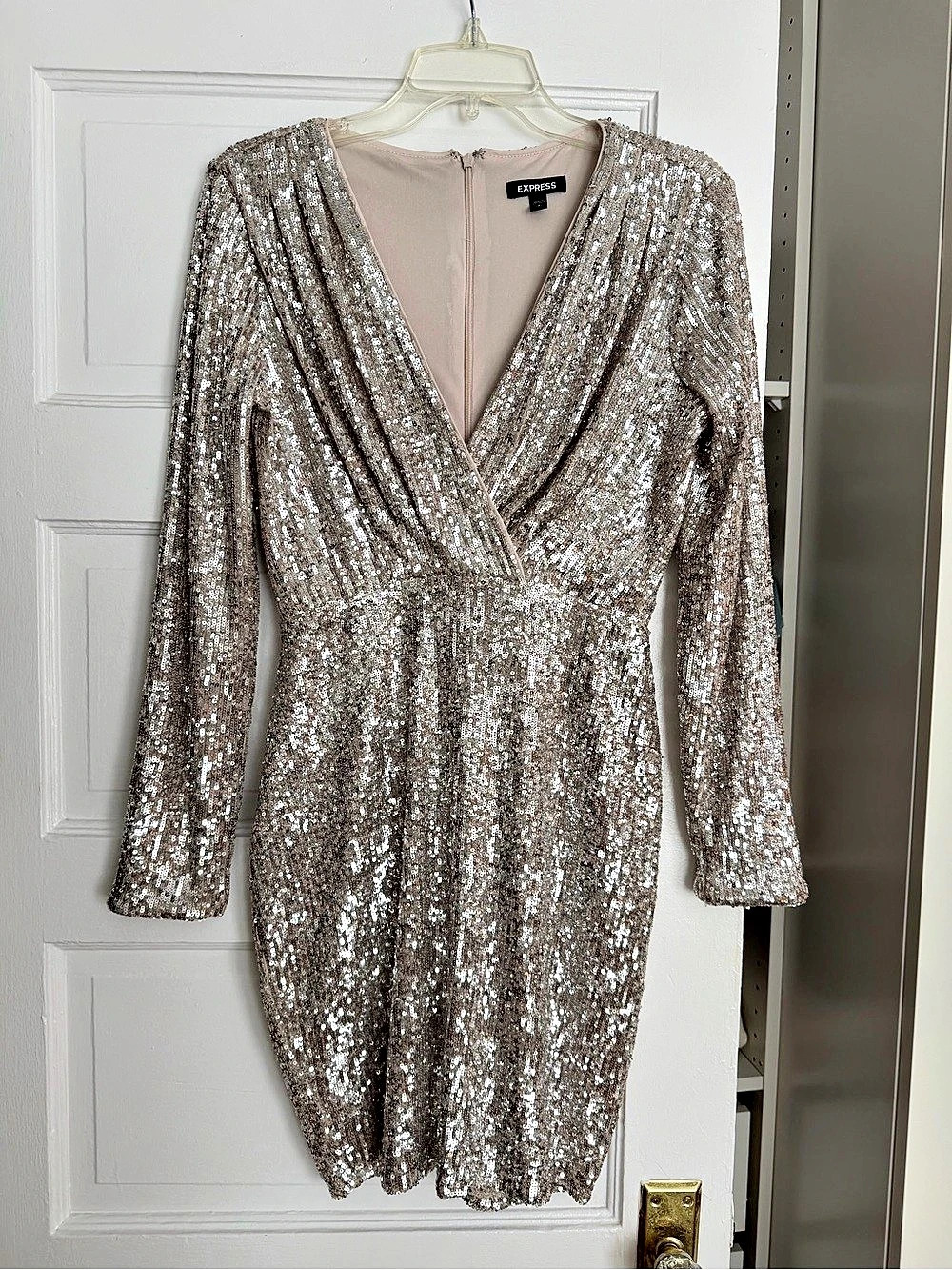 Express Long Sleeve Sequin V-Neck Mini Dress Silver